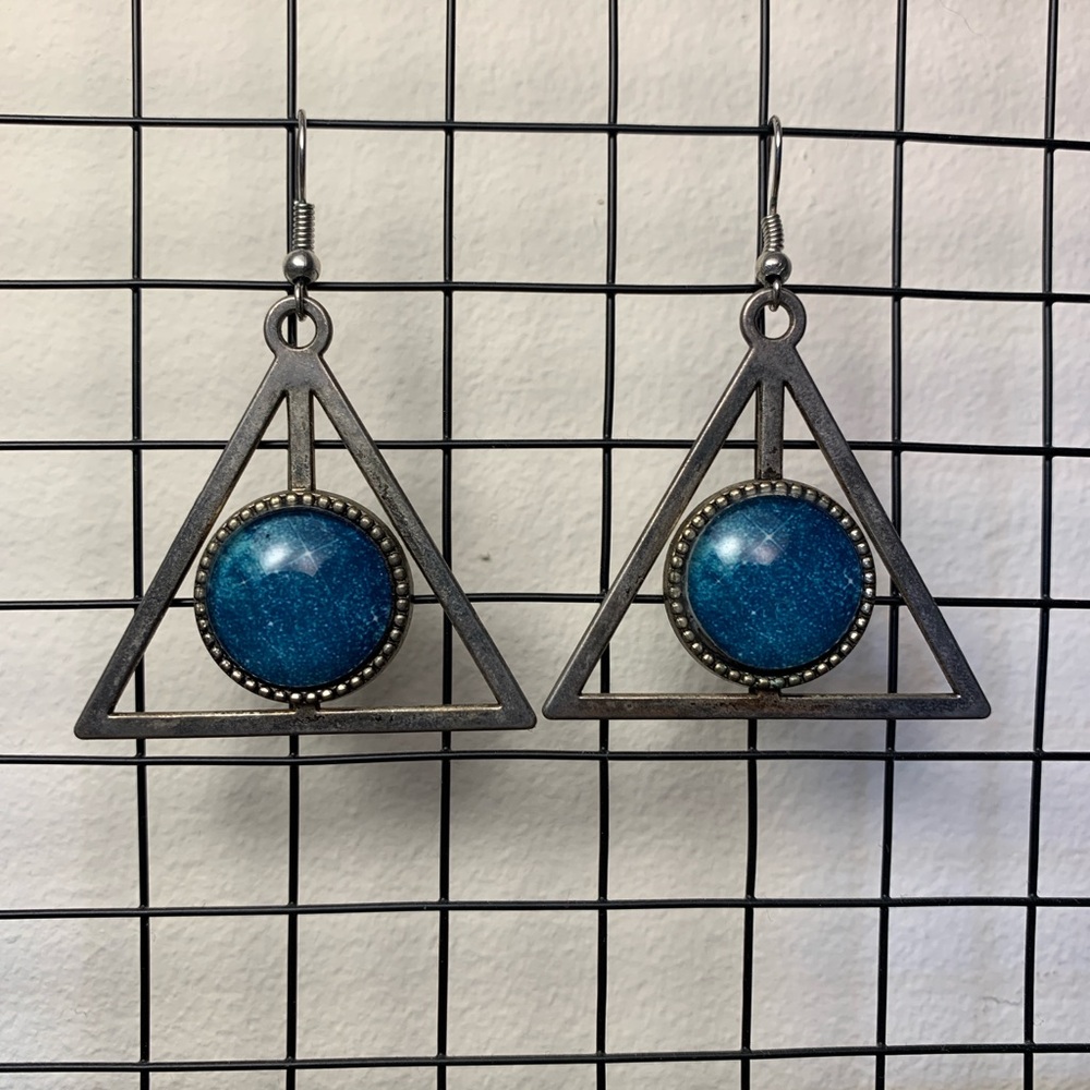 Boho Geometric Triangle Earrings Blue Druzy Statement Dangles
